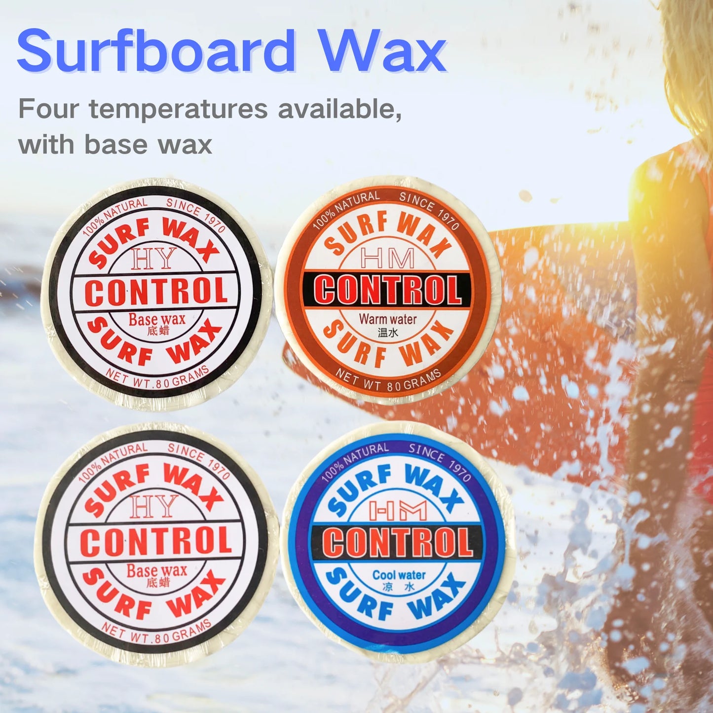 2-Pack Surfboard Wax Natural Surf Base Wax Non-Slip for Cool/Cold/Warm/Tropical Temperatures Skimboard Skateboard Round Waxes